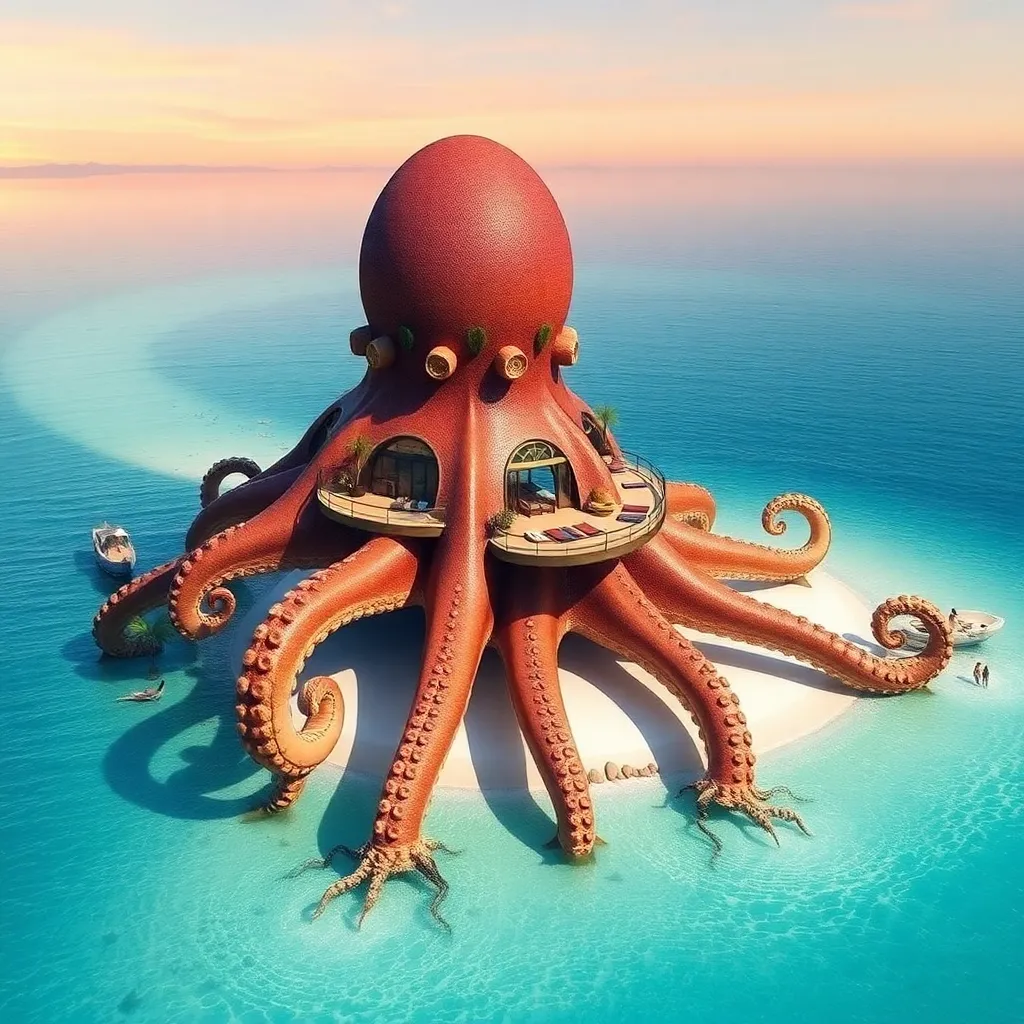 A fantastical illustration of a giant octopus with a luxurious resort built on its back, situated in a tropical paradise.