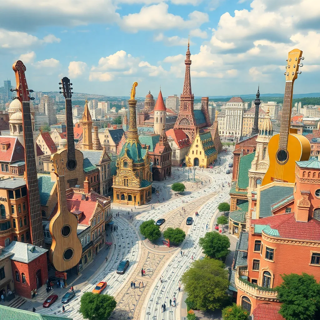 A vibrant, whimsical city with buildings shaped like musical instruments, including a guitar and a violin.