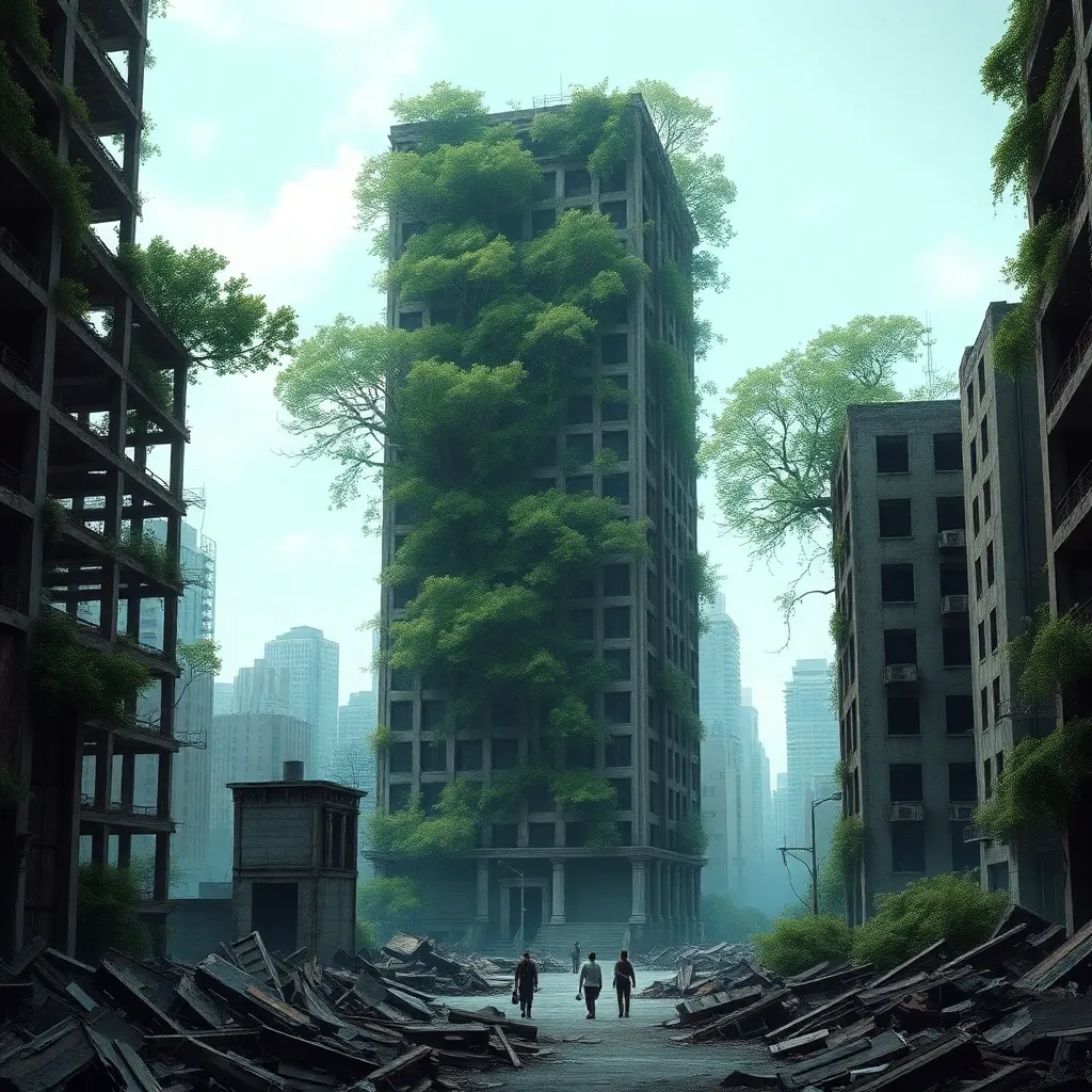 A lone figure walking through a post-apocalyptic city overrun by nature.