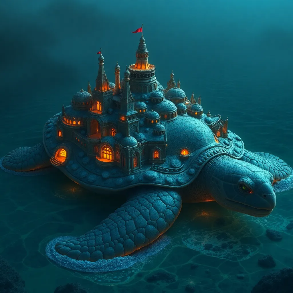 A magical underwater city built on the back of a giant sea turtle.