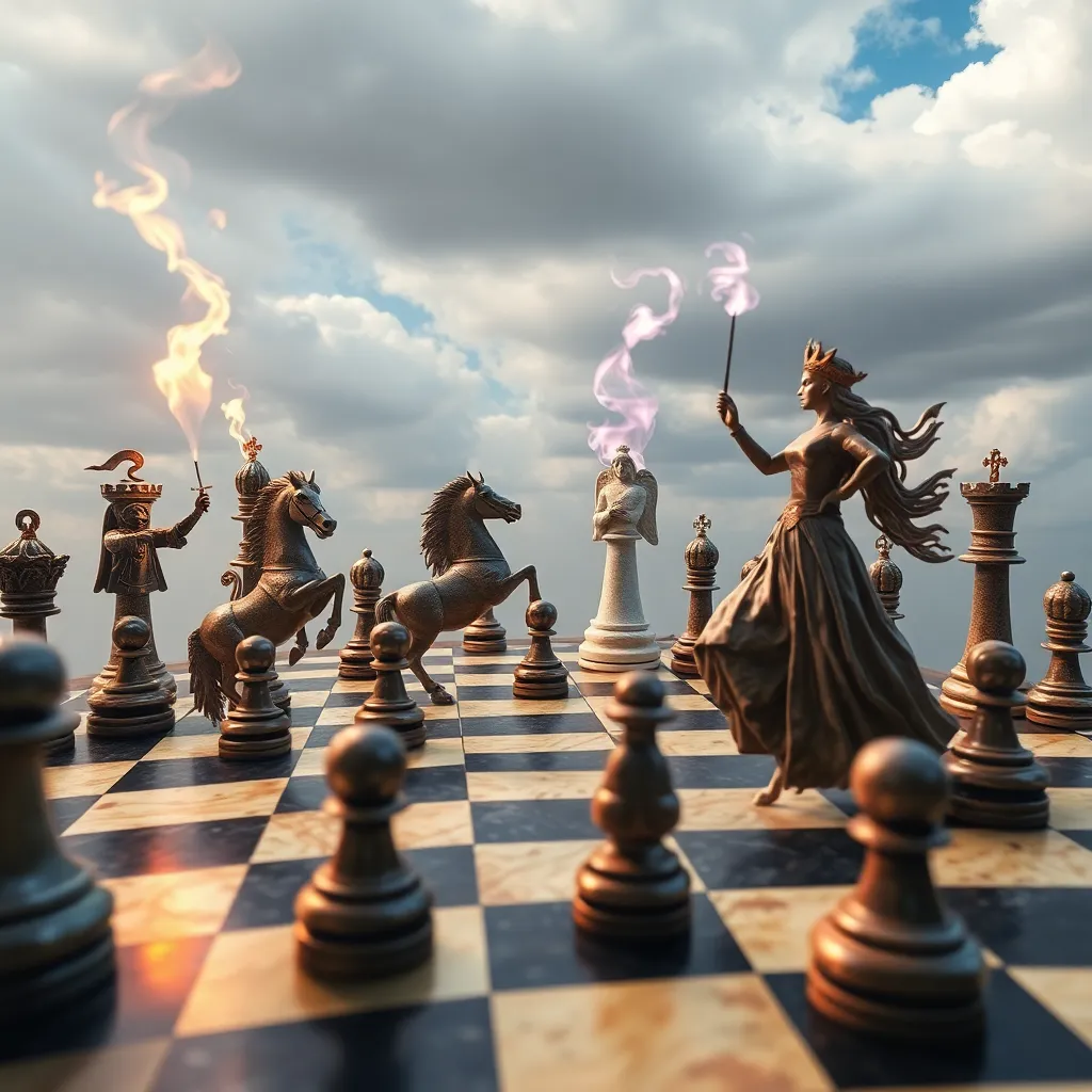 A chessboard with a dramatic sky, where chess pieces come to life and engage in a battle.