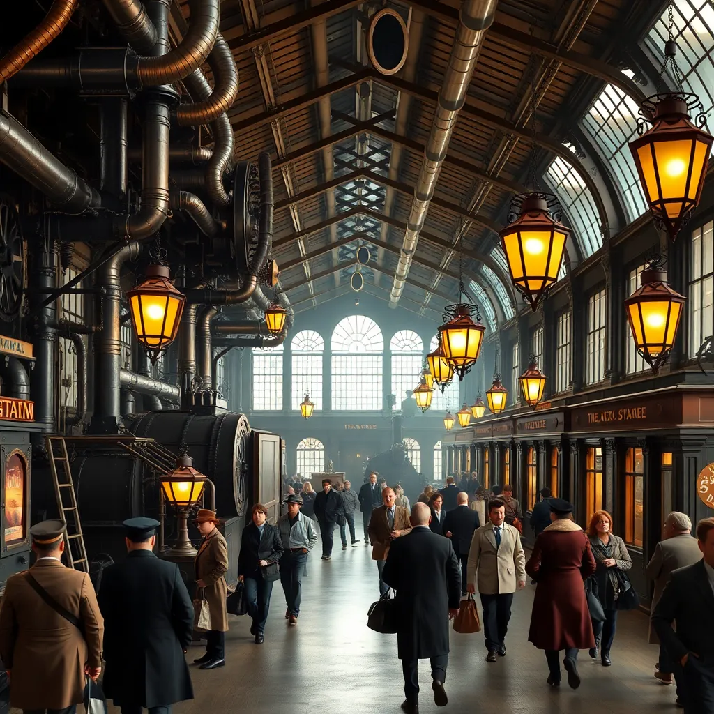 A bustling, dimly lit indoor market with a high ceiling and ornate chandeliers.