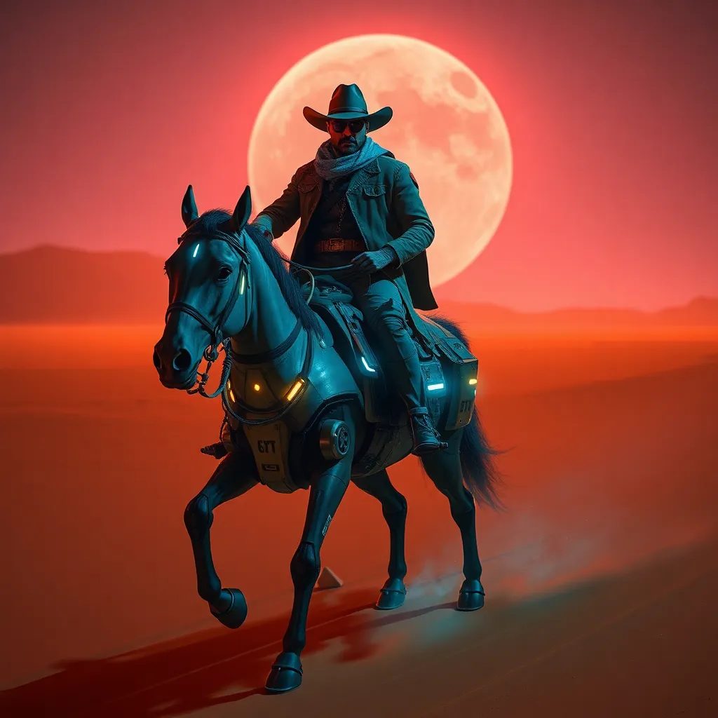 A lone cowboy on horseback rides through a desert landscape under a large, red moon.