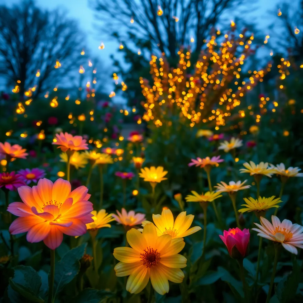 A vibrant garden filled with colorful flowers, illuminated by glowing lights.