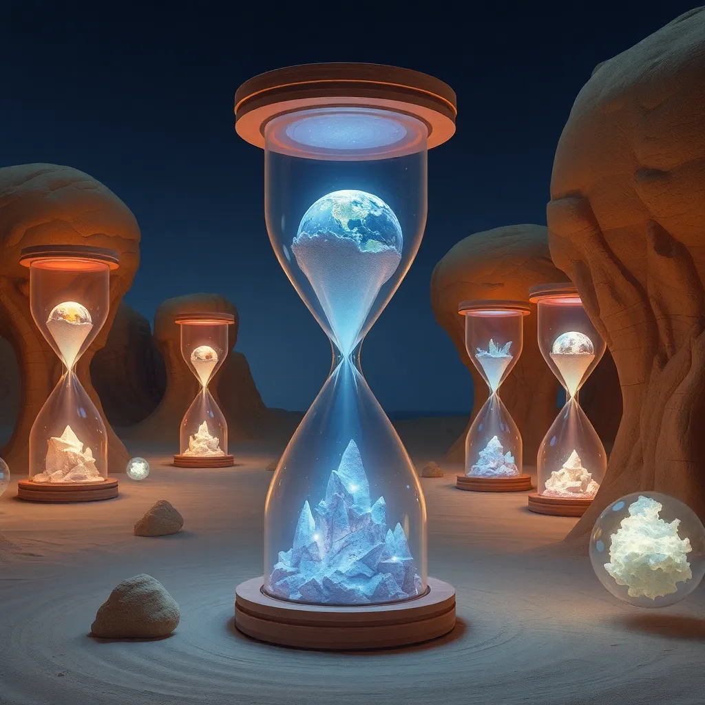 An hourglass containing a miniature Earth, surrounded by other smaller hourglasses.