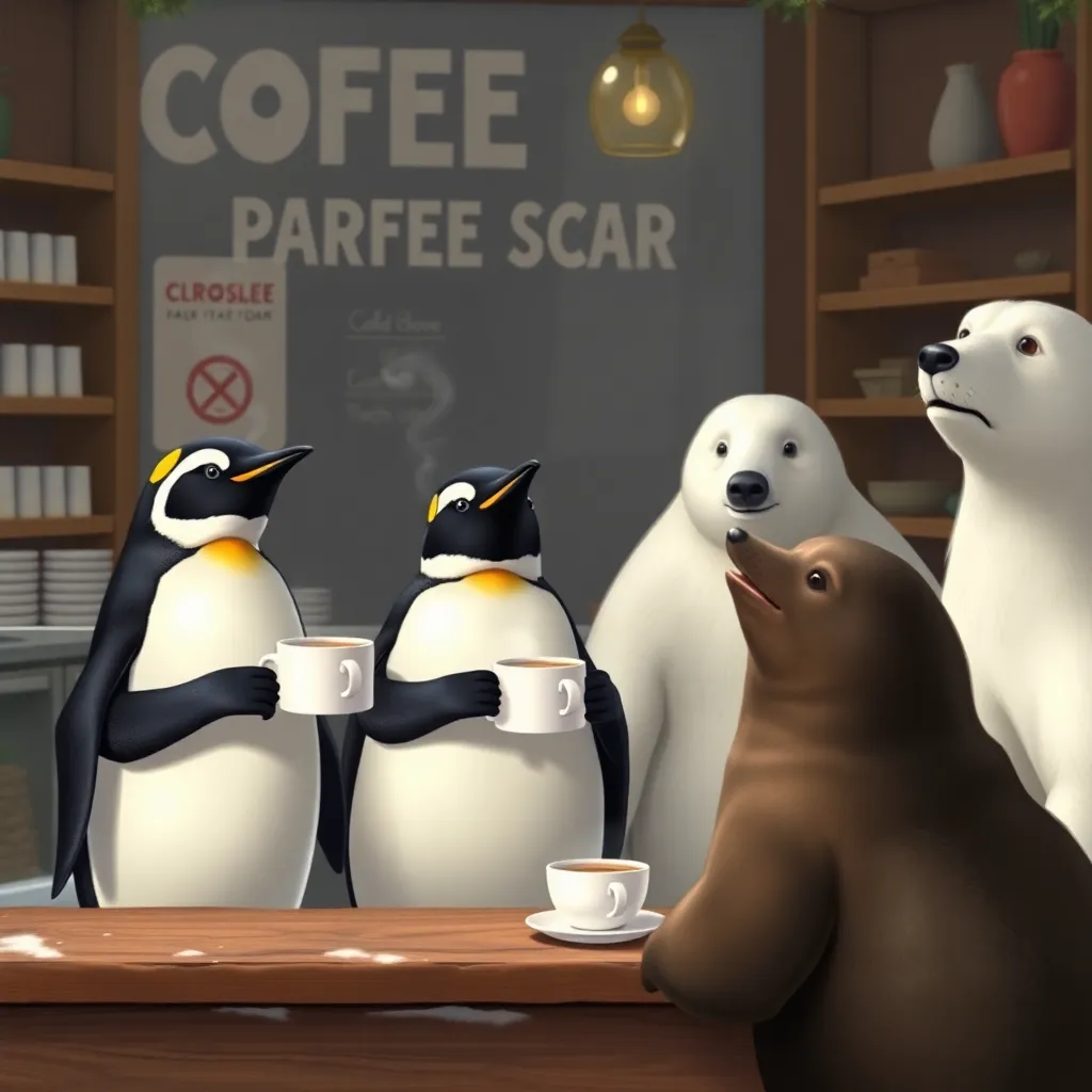 Two penguins and a seal sitting at a counter in a coffee shop, holding coffee cups.