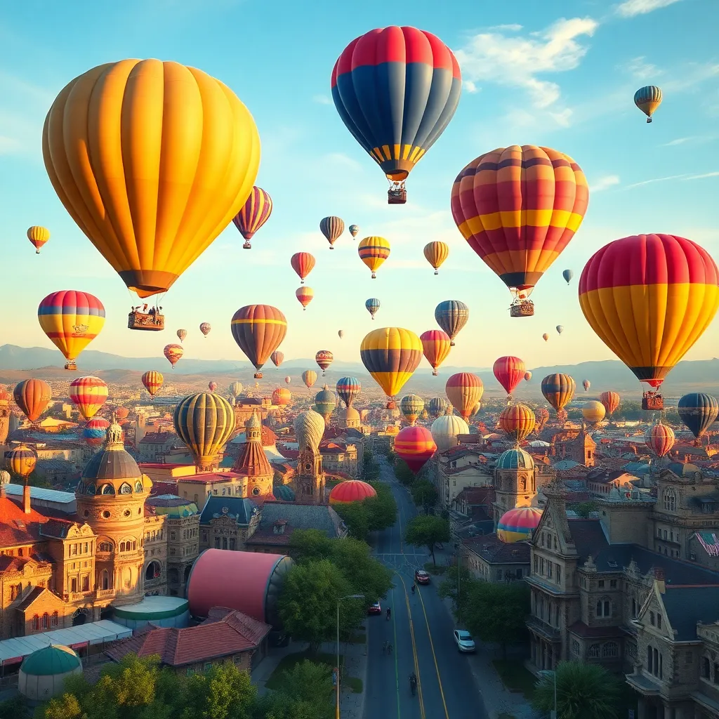 A cityscape with hot air balloons flying above, filled with people celebrating.