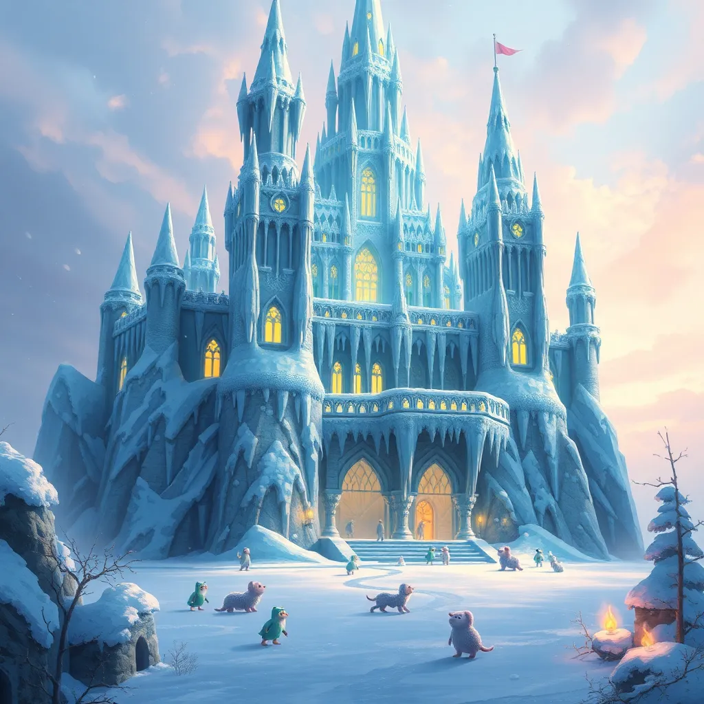 A majestic ice castle stands tall against a wintery sky.