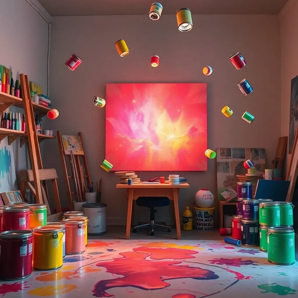 A cozy room filled with books and art supplies, with a magical portal glowing on the wall.