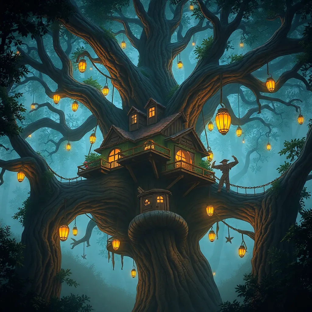 A large tree with glowing lanterns hanging from its branches, creating a magical forest scene.