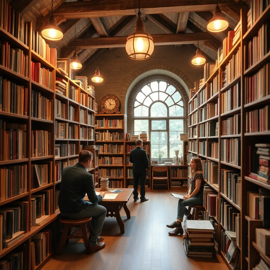 A person sitting at a table in a large, dimly lit library, surrounded by bookshelves.