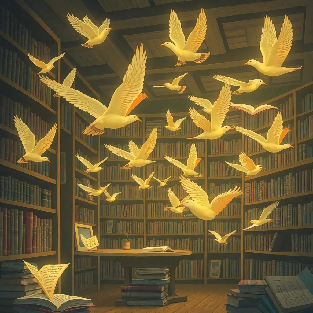 A flock of paper birds flying through a dimly lit library.