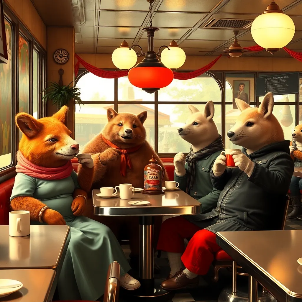 A group of anthropomorphic animals, including a fox, a pig, and a dog, sitting at a table in a cozy diner.