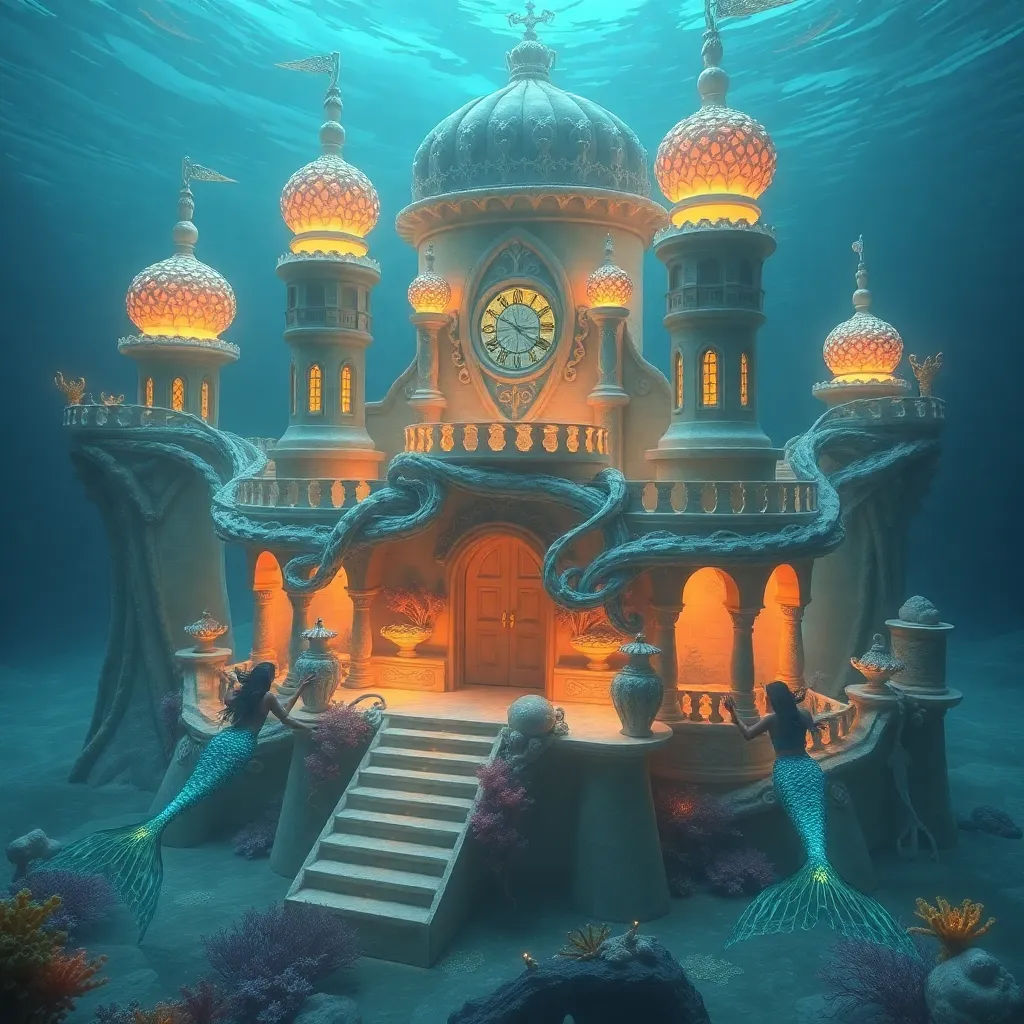 A grand underwater palace with intricate architecture and glowing lights.