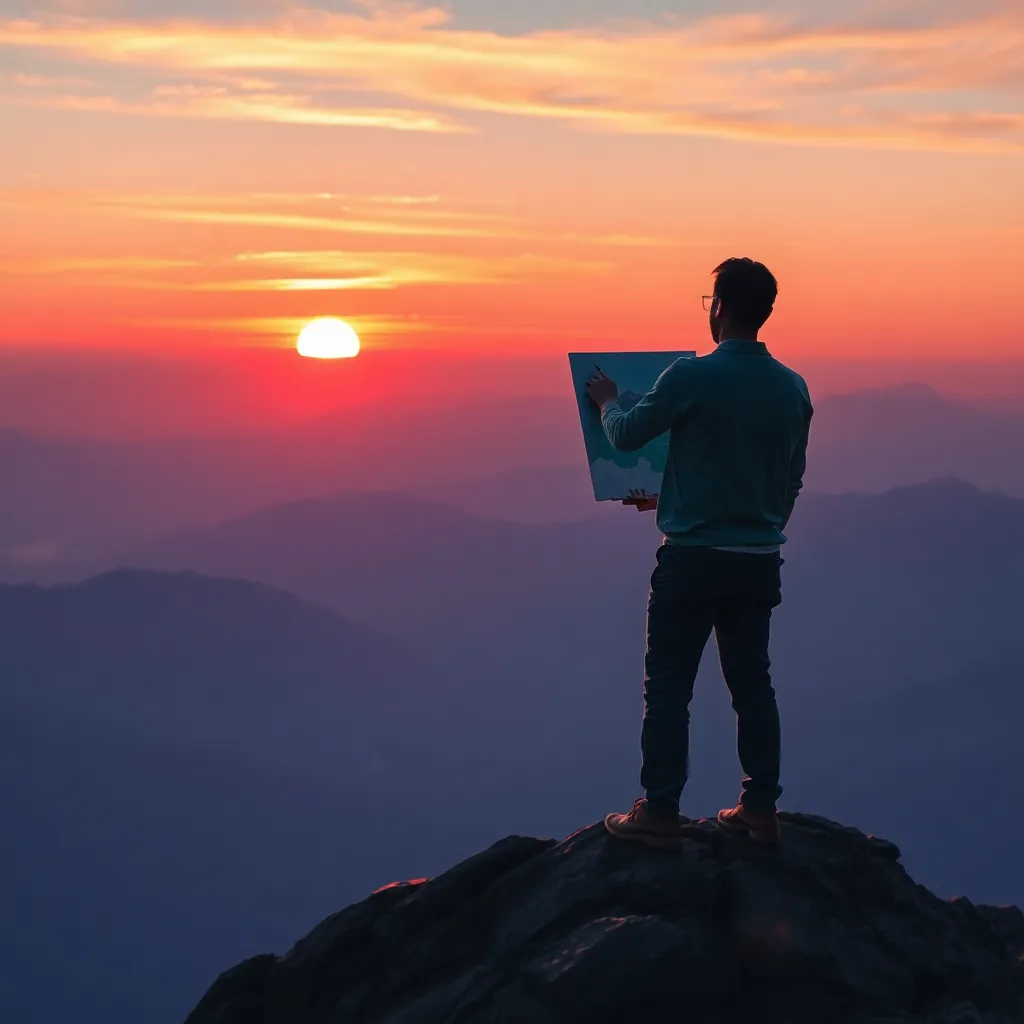 A person standing on a clifftop, looking out at a sunrise over a misty valley, holding a tablet.