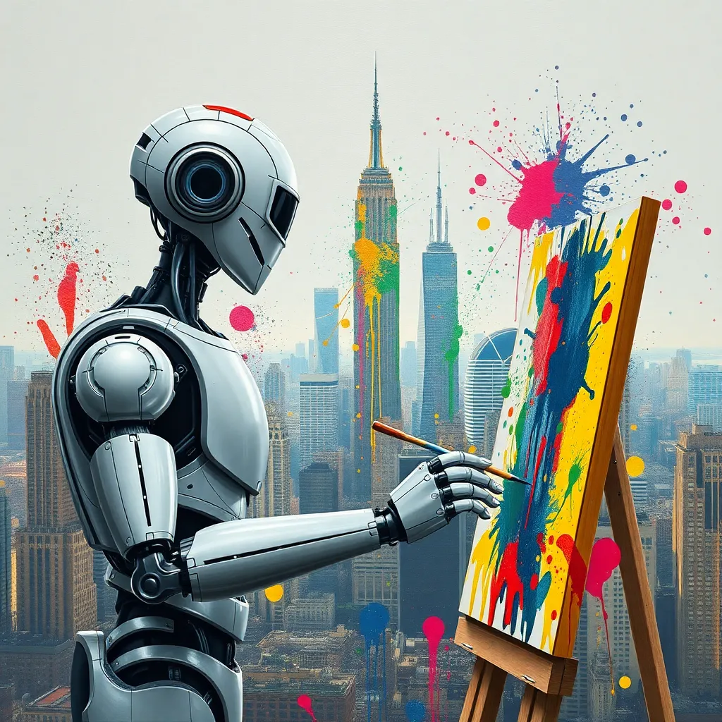 A robot artist painting a vibrant cityscape with a palette of colors.