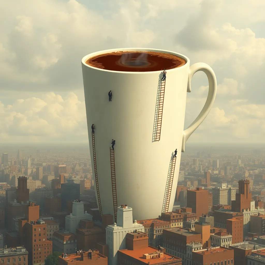 A giant coffee mug towering over a city skyline.