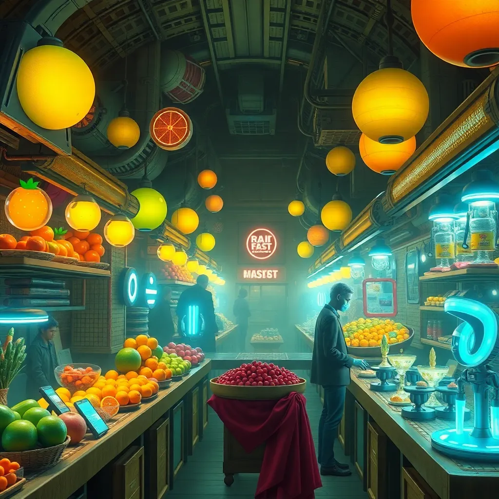 A surreal marketplace with glowing fruits and a mysterious figure in the background.