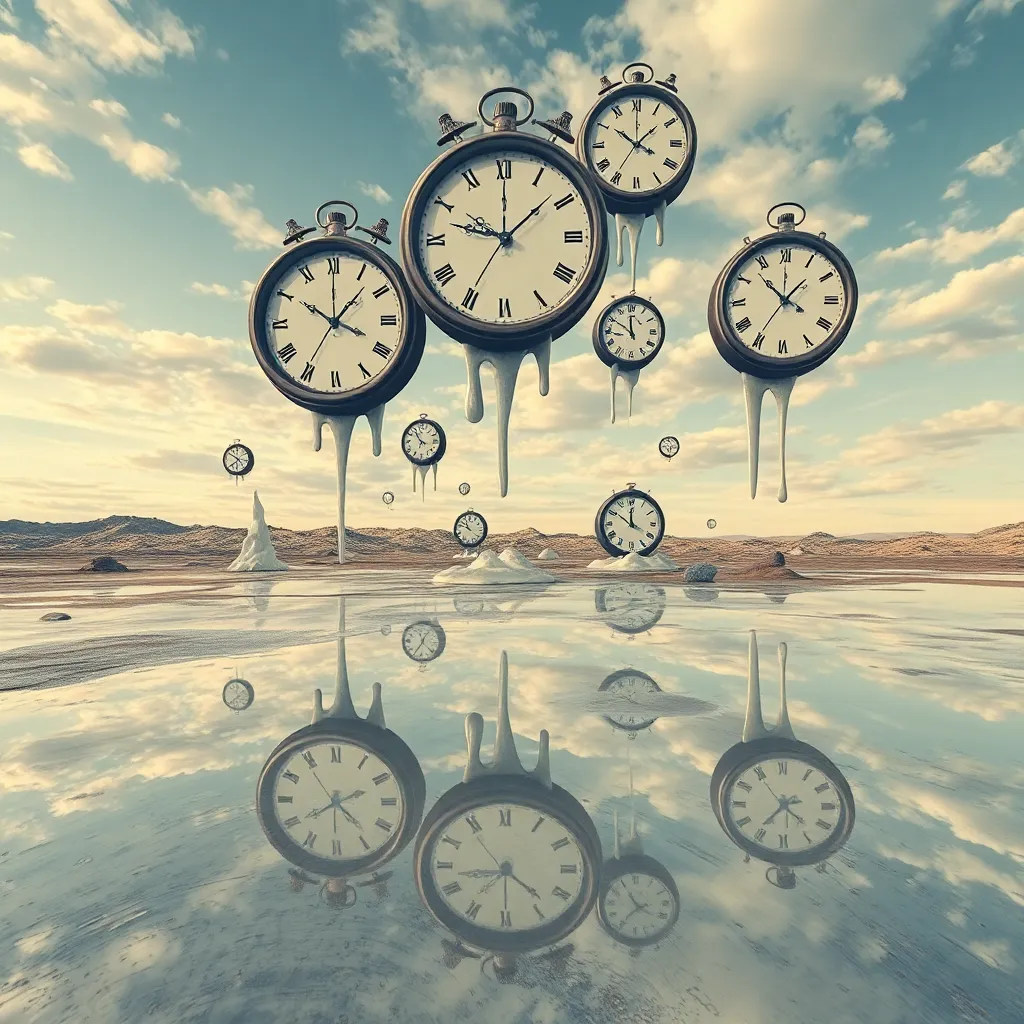 A surreal landscape with multiple clocks melting and dripping into a reflective pool.