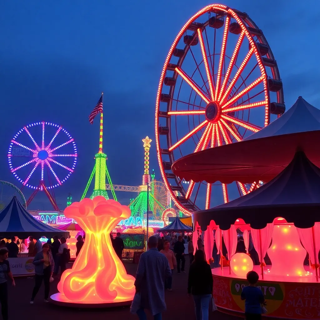 A Ferris wheel illuminated with colorful lights at a nighttime carnival.