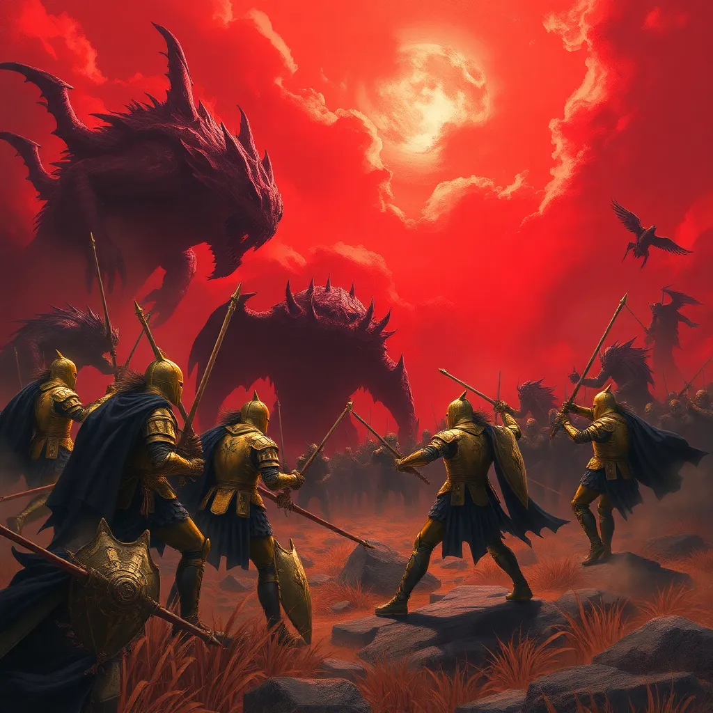 A dramatic battle scene with warriors fighting against a fiery, demonic creature.