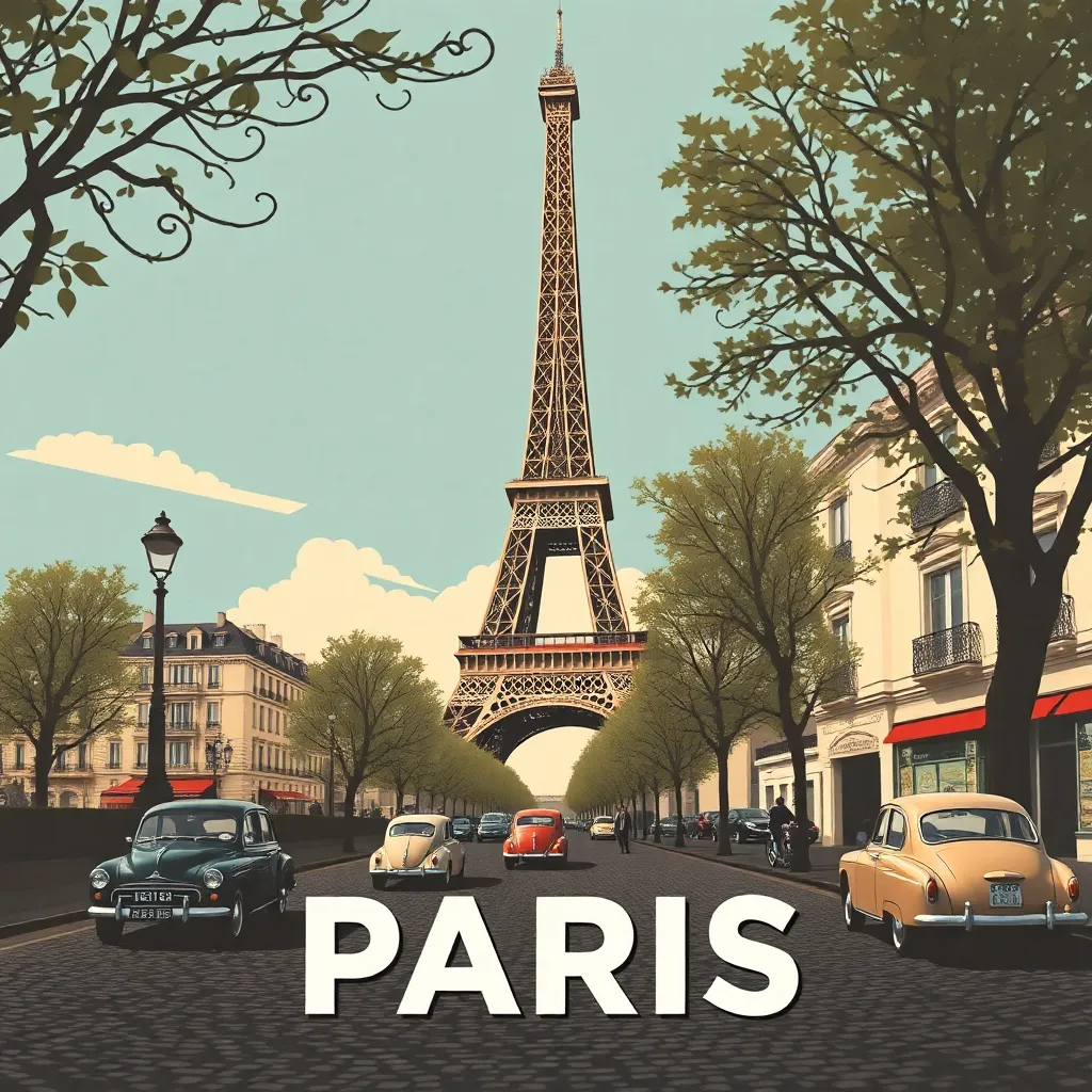 A vintage travel poster depicting the Eiffel Tower and a Parisian street scene.