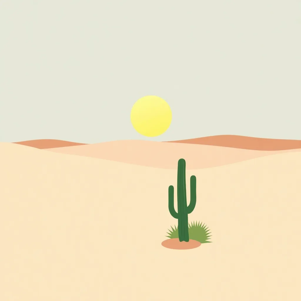 A stylized desert landscape with a single cactus and a bright yellow sun.