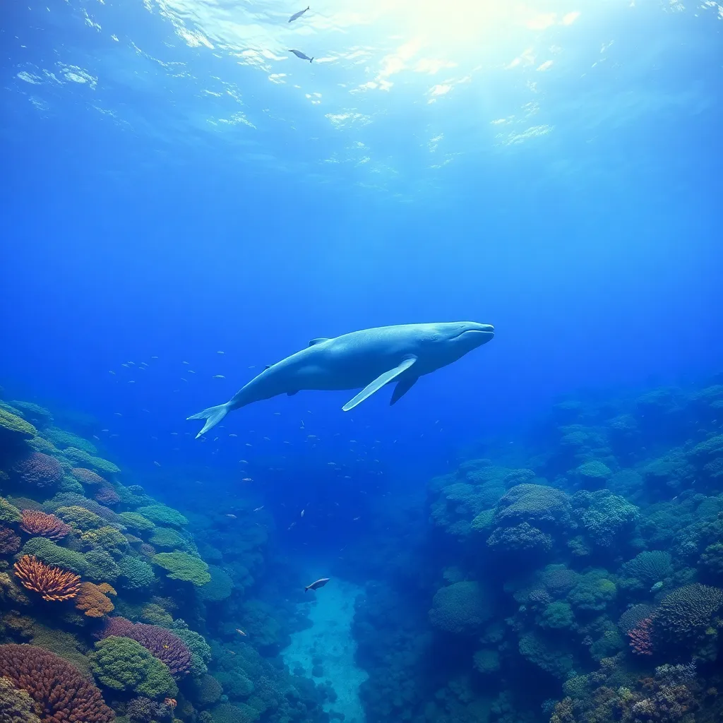 A majestic blue whale swimming gracefully through a deep blue ocean.