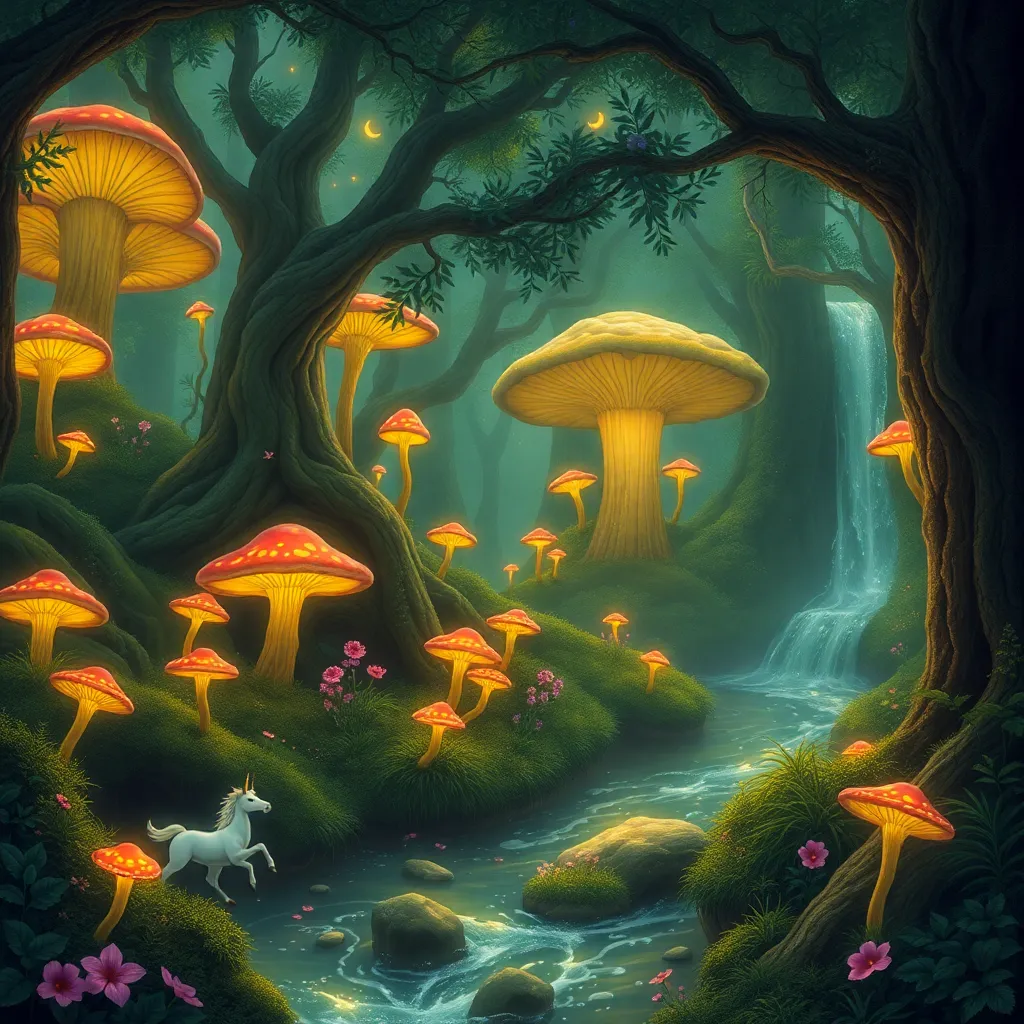 A magical forest filled with glowing mushrooms and a small unicorn.