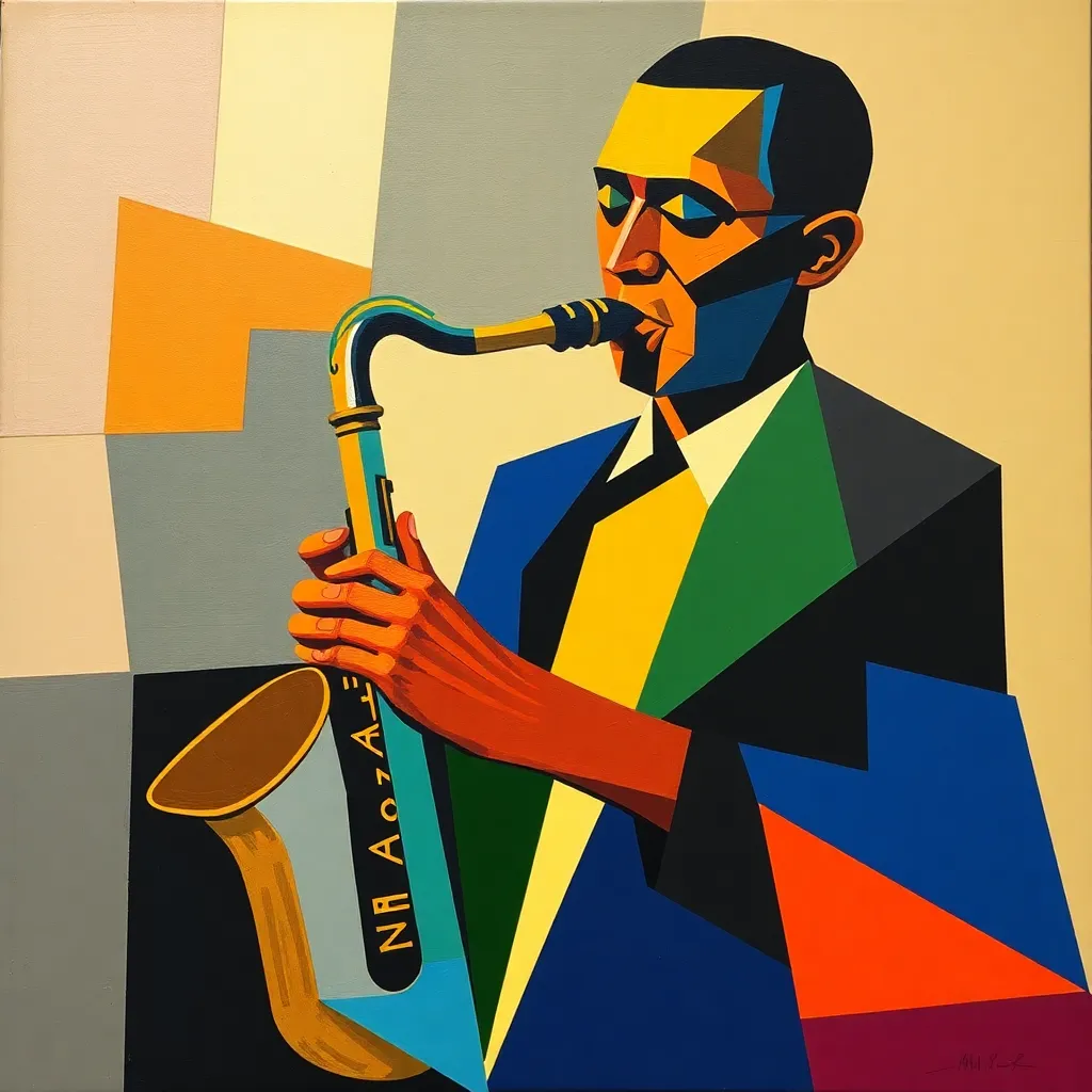 A colorful, abstract portrait of a jazz musician playing the saxophone.