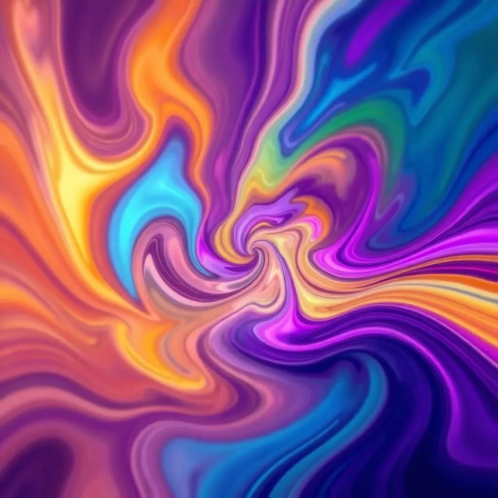 A vibrant abstract image with swirling colors of purple, yellow, and orange.