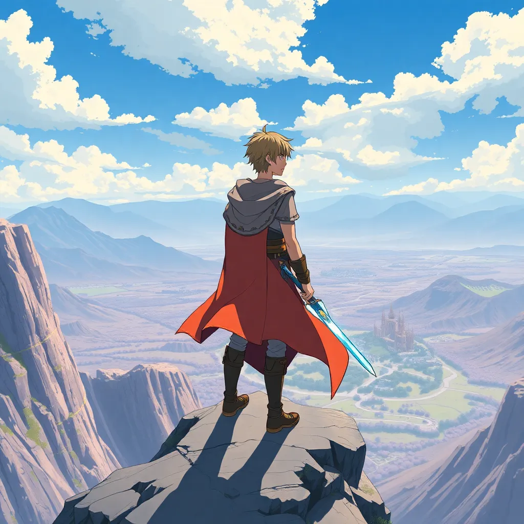 A man in a red cape standing on a cliff overlooking a vast, colorful landscape.