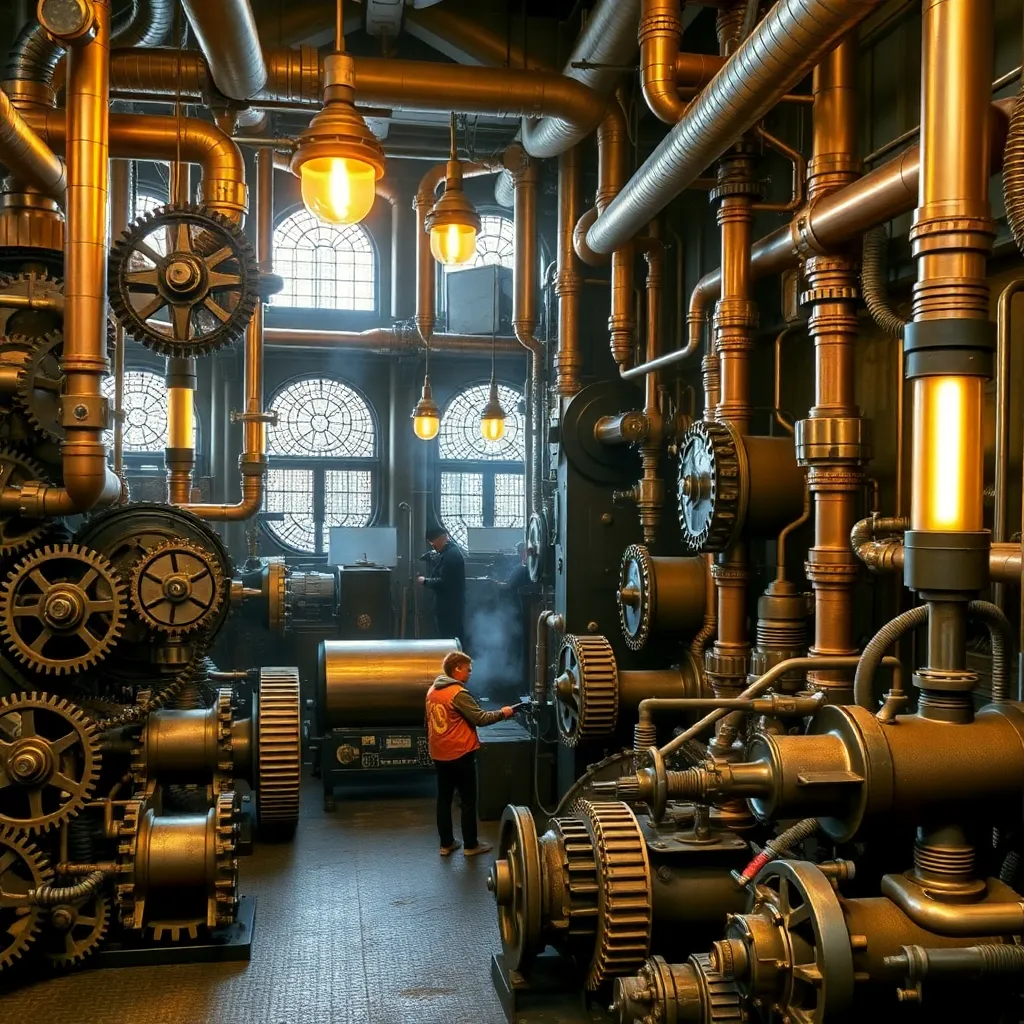 A detailed illustration of a steampunk factory with intricate gears and pipes.