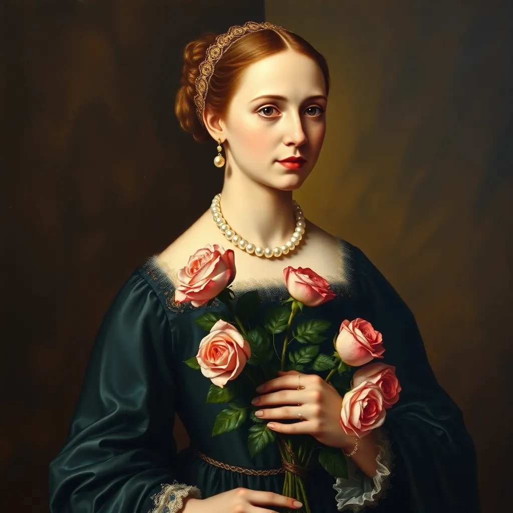 A portrait of a woman holding a bouquet of red roses.