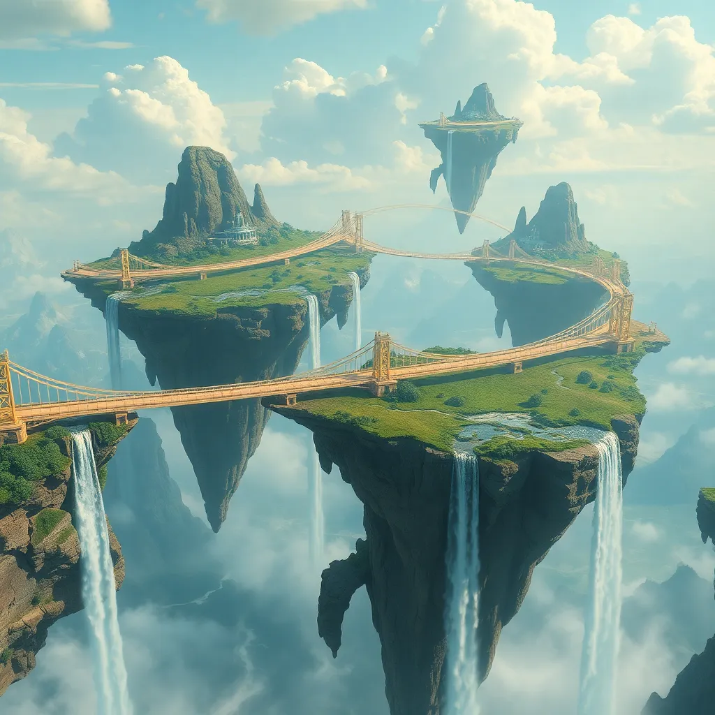 A surreal landscape with lush, floating islands connected by bridges.