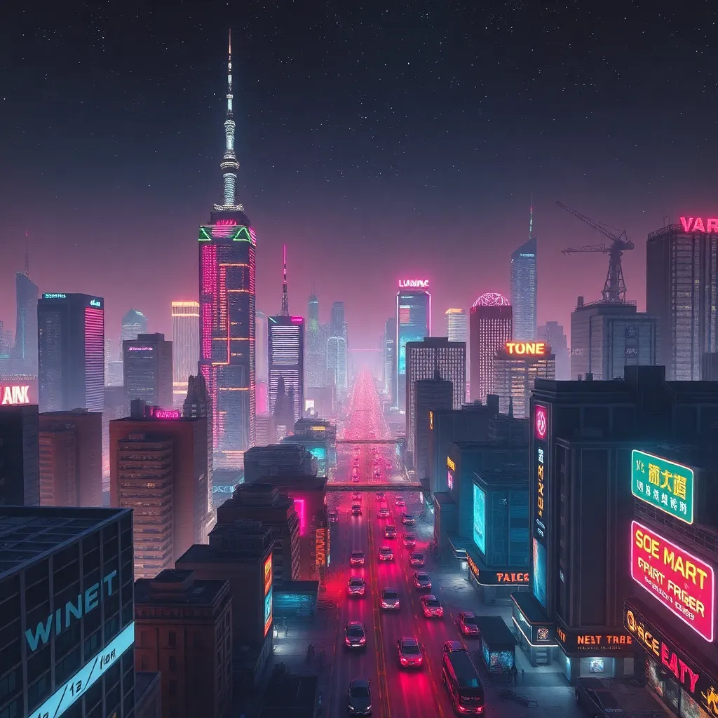 A futuristic cityscape with glowing neon lights at night.