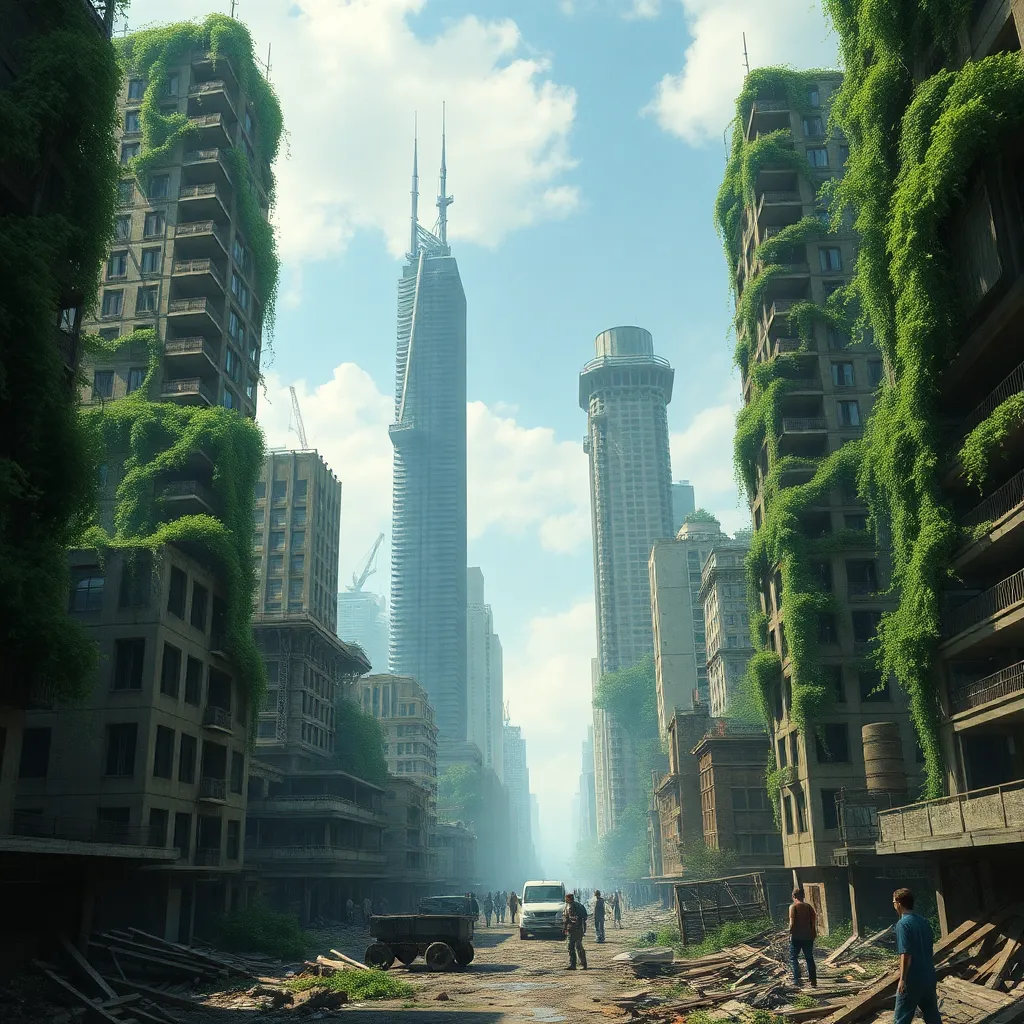 A futuristic cityscape overgrown with vegetation, suggesting a post-apocalyptic world.