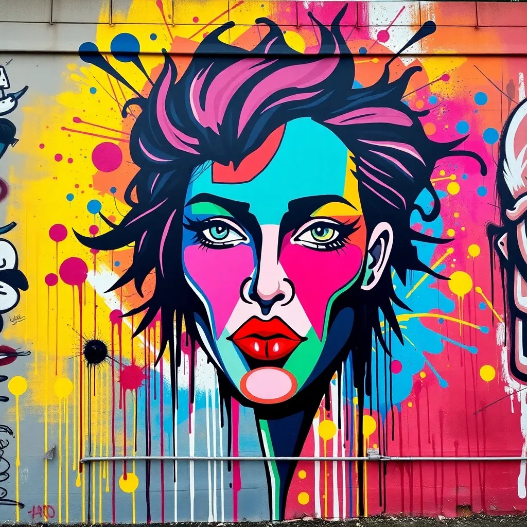 A vibrant graffiti portrait of a woman with a bold, colorful style.