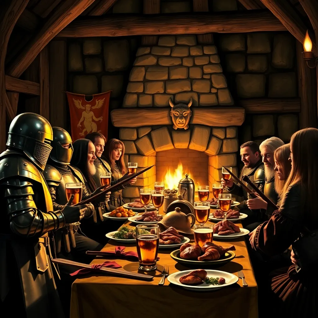 A lavish medieval feast with a long table laden with food and drink, and people gathered around.