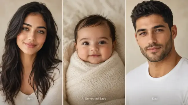 Three-panel portrait collage showing a mom, an AI generated baby, and a dad on a warm cream background, suggesting how the baby could inherit facial features from both parents.