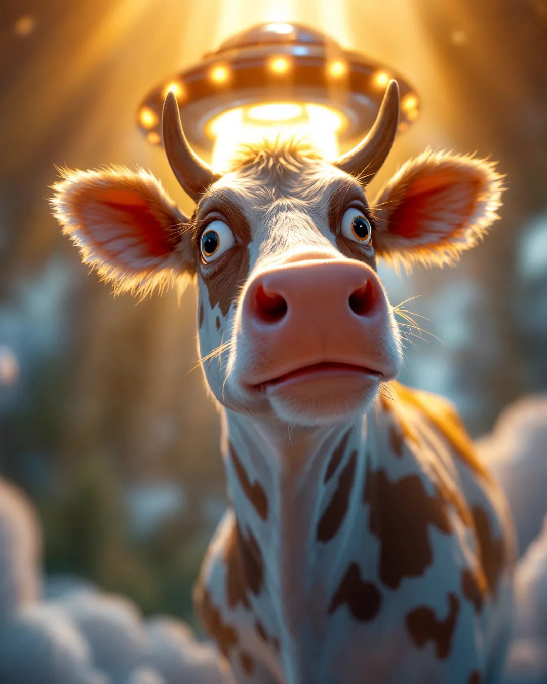 A close-up of a brown and white cow wearing a golden crown with glowing lights on its head.