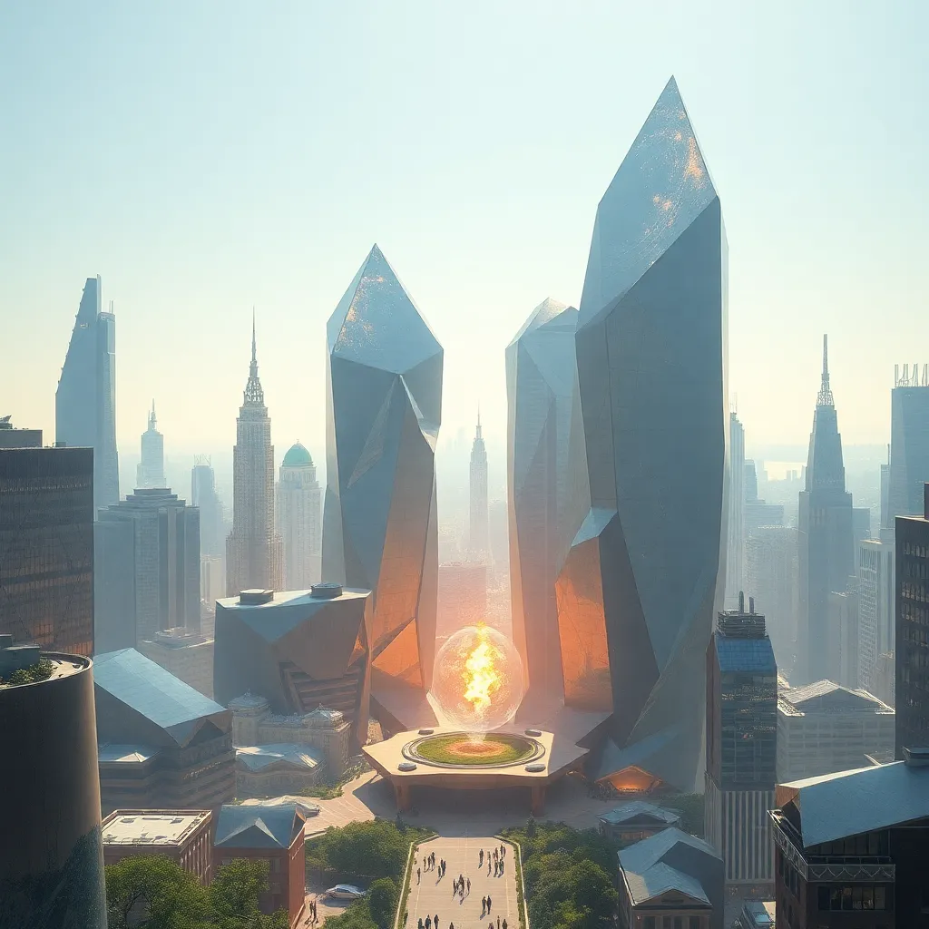 A futuristic cityscape with tall, angular buildings and a central glowing structure, under a clear sky.