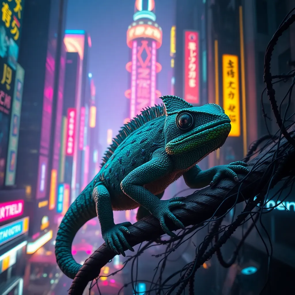 Two chameleons, one blue and one green, perched on a branch with a vibrant, neon-lit cityscape in the background.