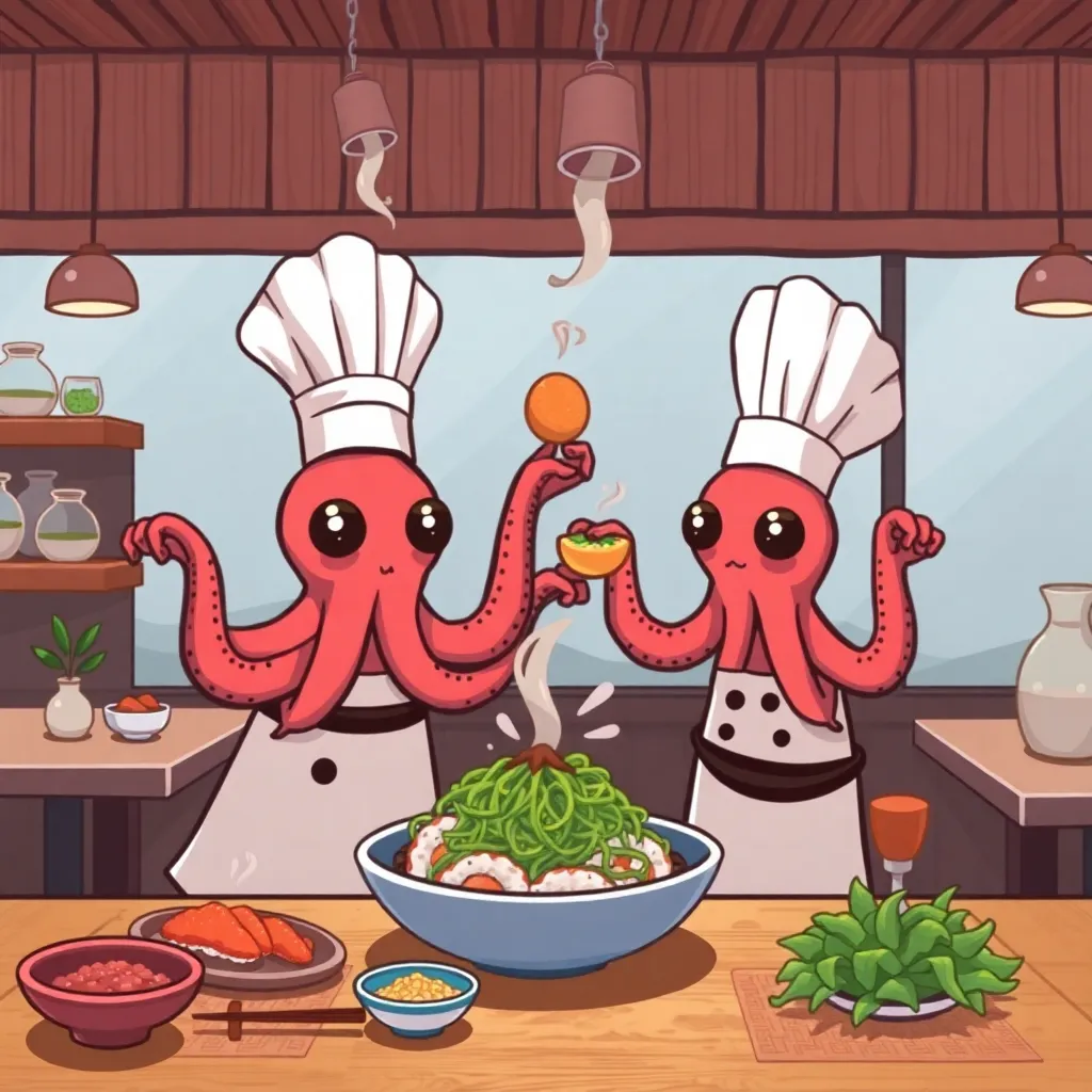 Two octopus chefs wearing chef hats and aprons prepare food in a kitchen, with various dishes and ingredients on the counter.