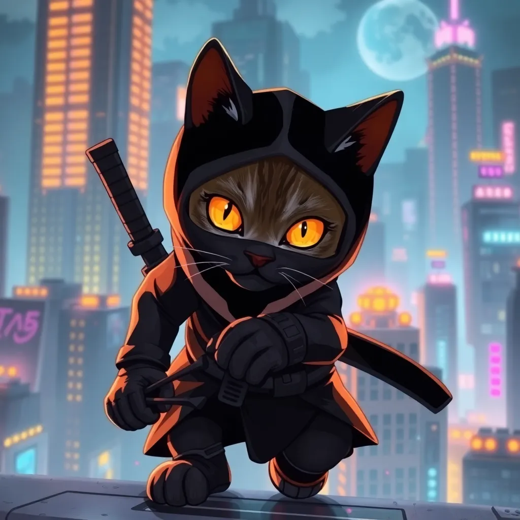 A cat dressed as a ninja, wearing a black outfit and mask, stands on a rooftop with a cityscape in the background.