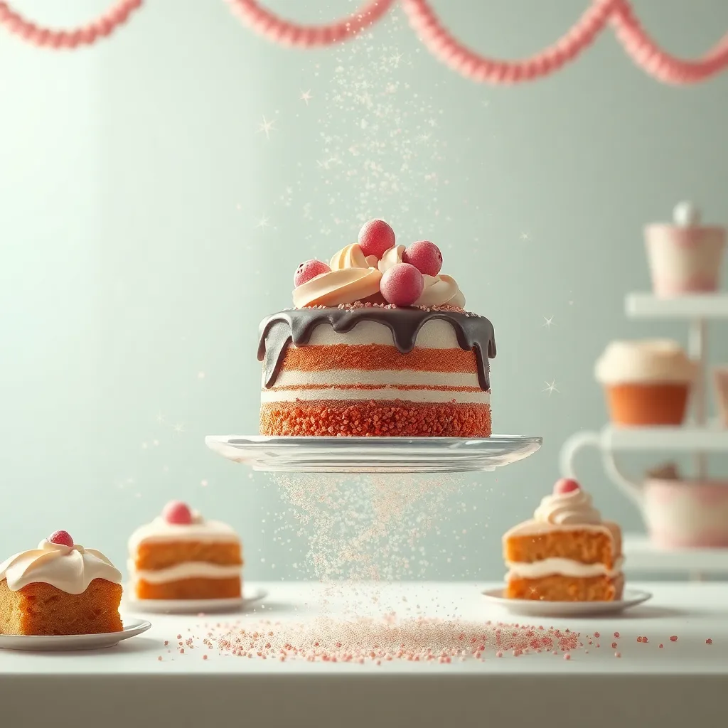 A beautifully decorated cake with strawberries and chocolate sits on a table with smaller desserts, with pink and white decorations in the background.