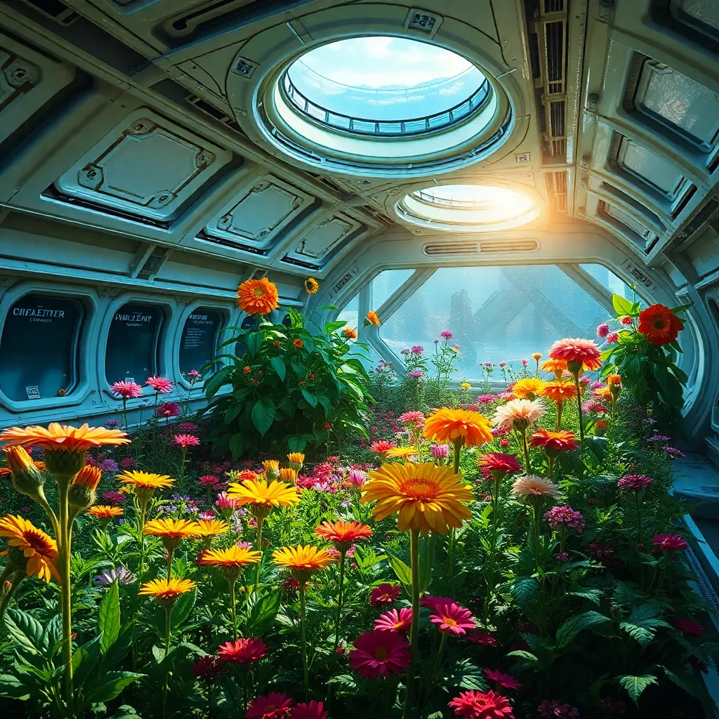 The interior of a spaceship with a round window showing a lush, green planet and colorful flowers growing inside.