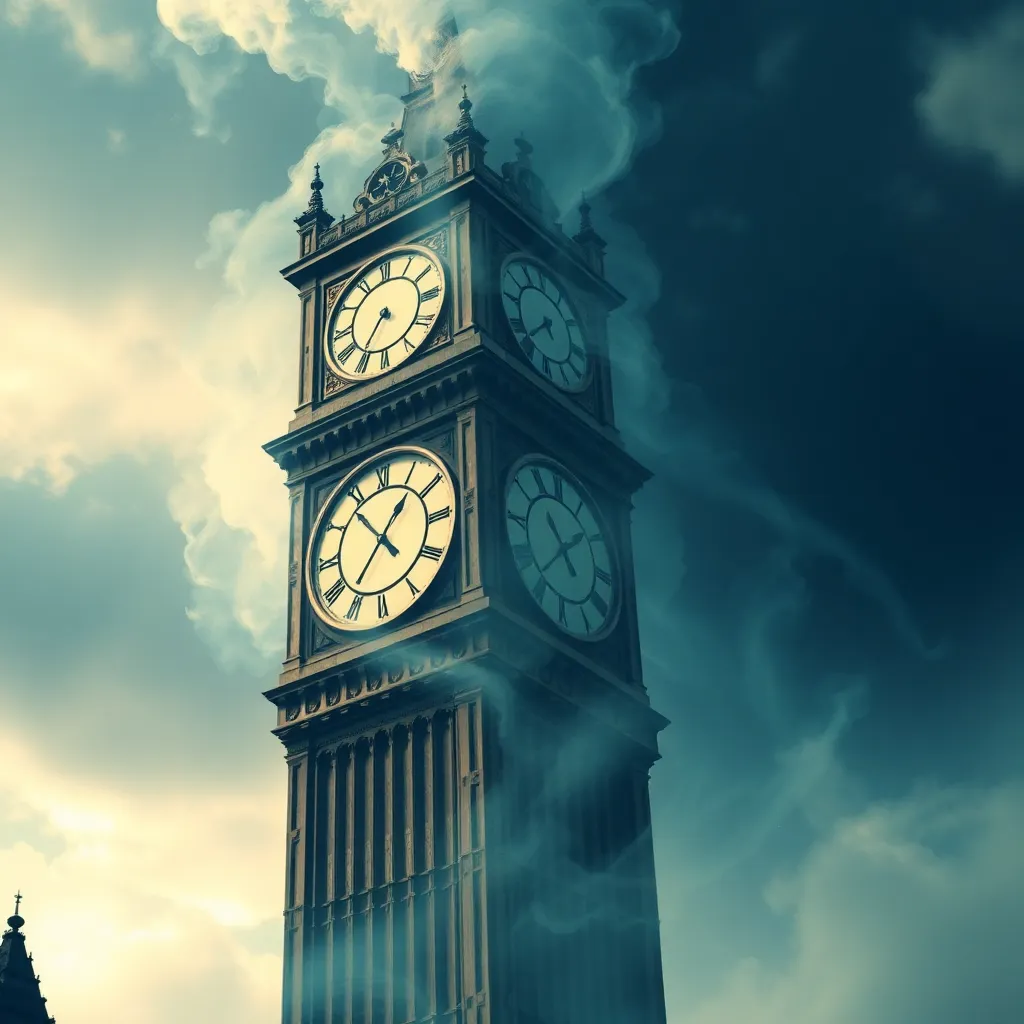 A tall clock tower with multiple clock faces, shrouded in fog and with a dramatic sky in the background.