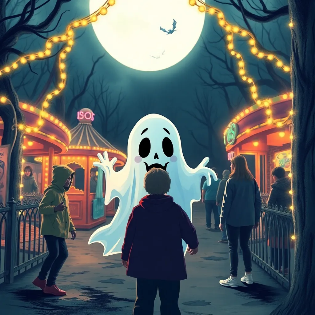 Two children dressed as ghosts trick-or-treating on a spooky street with a full moon and a haunted house in the background.