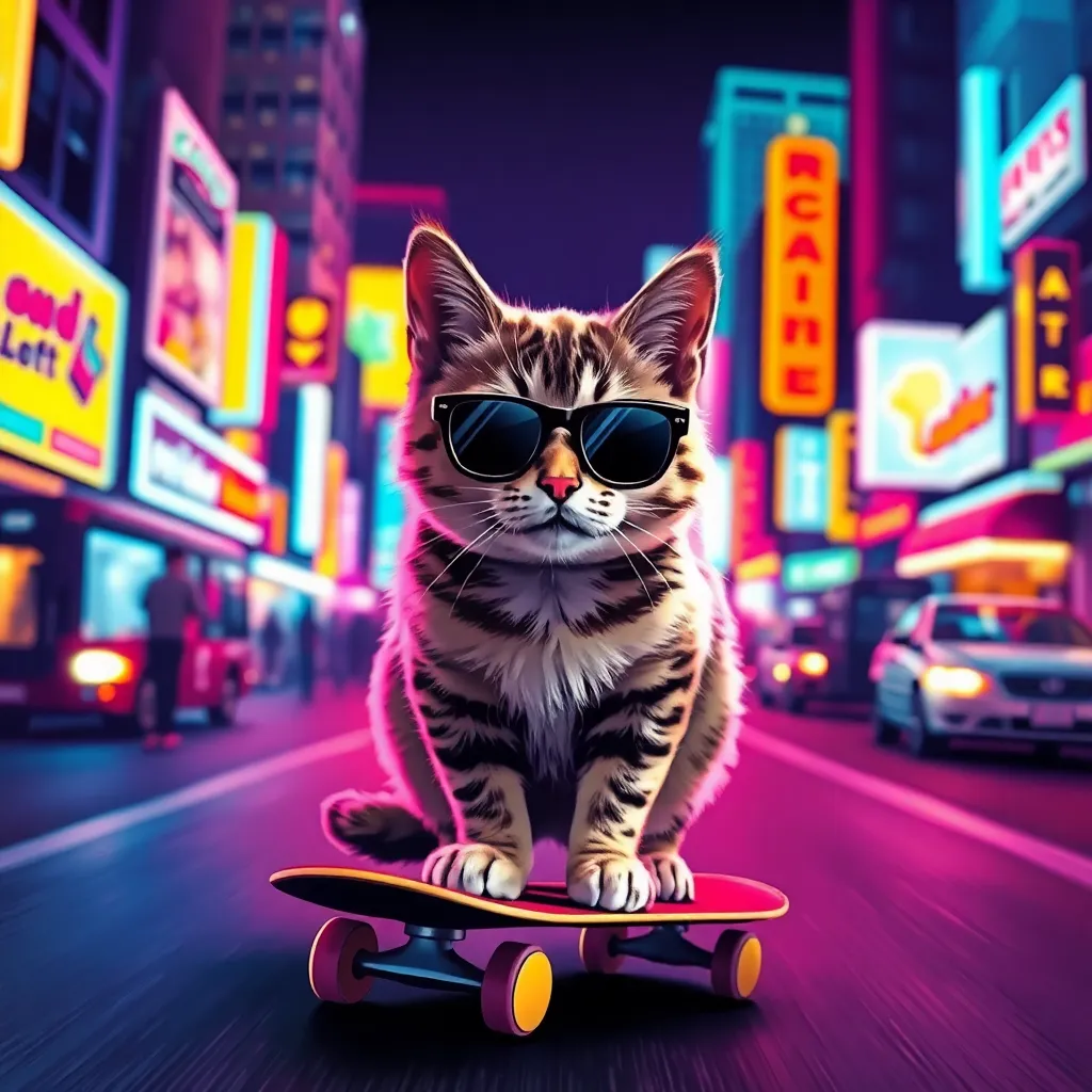 A tabby cat wearing sunglasses stands on a skateboard in a busy, neon-lit city street.